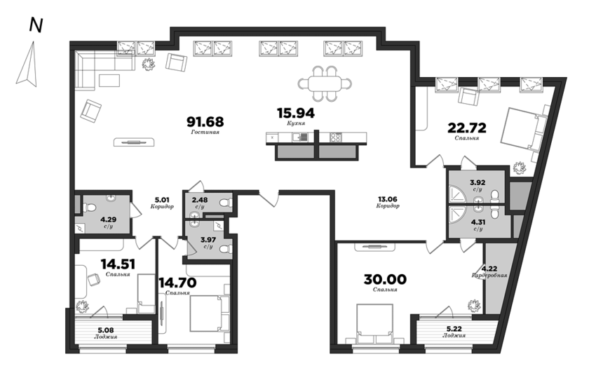 Приоритет, Корпус 1, 4 спальни, 243.6 м² | планировка элитных квартир Санкт-Петербурга | М16